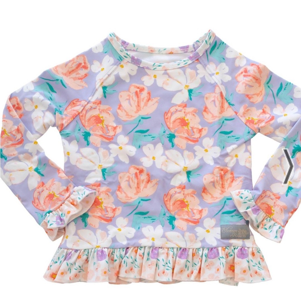 Eleanor Rose Rash Guard Set Kids‎ 5-6 Purple Floral Ruffle Swimsuit NWT
